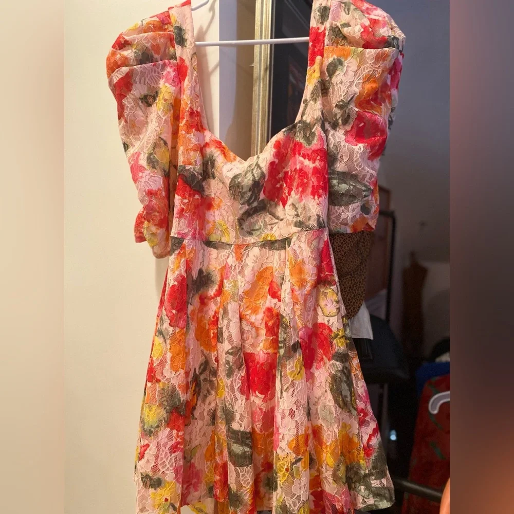 For Love & Lemons Dascha Puff Sleeve Mini Dress Light Pink Floral Lace Large NWT - Picture 6 of 16
